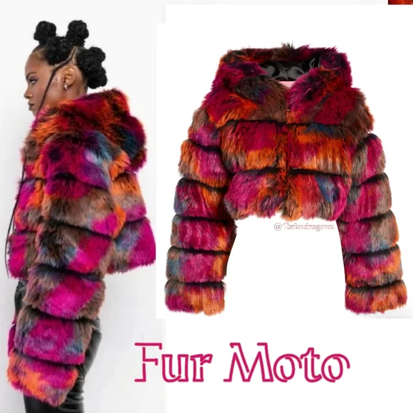 NWT Fur Moto Bright Neon Tie-Dye Moto Zip Up Hooded Fur Puffer